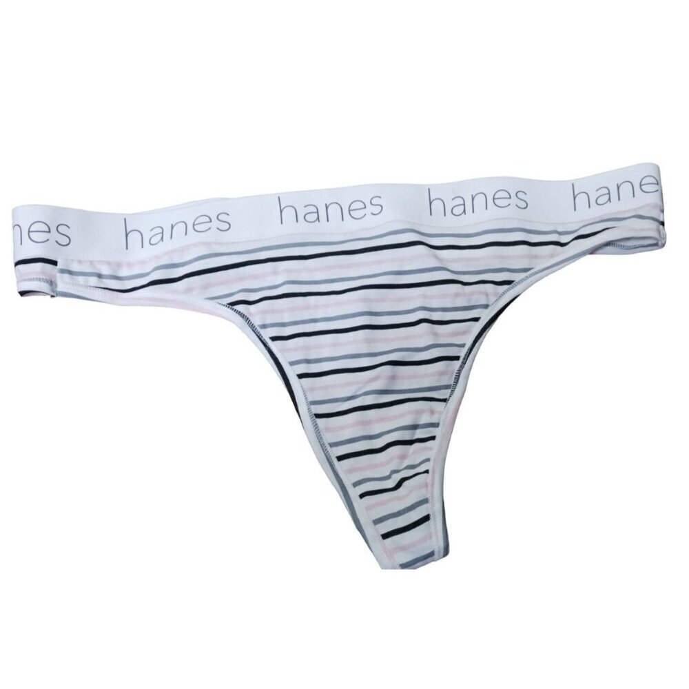 HANES Ultimate Stretch Cotton White Multi-lines Thong Panty Womens XL Size 8 New